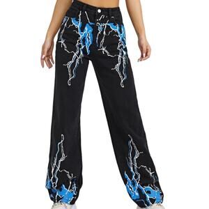 Lightning Graphic Print Straight Jeans EZwear High Waist Size M Loose Retro Boho